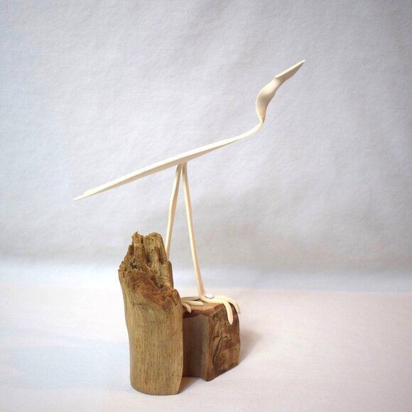 Handmade Folk Art PVC Bird Egret Herron on Wood Stump Signed Robert Morris - Picture 1 of 3